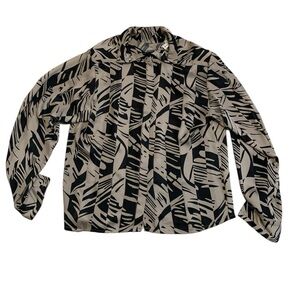 VINTAGE 80s Evan-Picone Abstract Black & Beige Button-Down Blouse Size 6